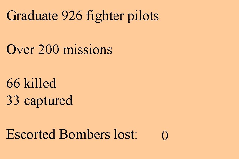 Graduate 926 fighter pilots Over 200 missions 66 killed 33 captured Escorted Bombers lost: