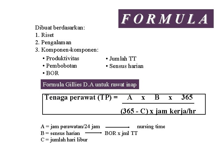 Dibuat berdasarkan: 1. Riset 2. Pengalaman 3. Komponen-komponen: • Produktivitas • Pembobotan • BOR