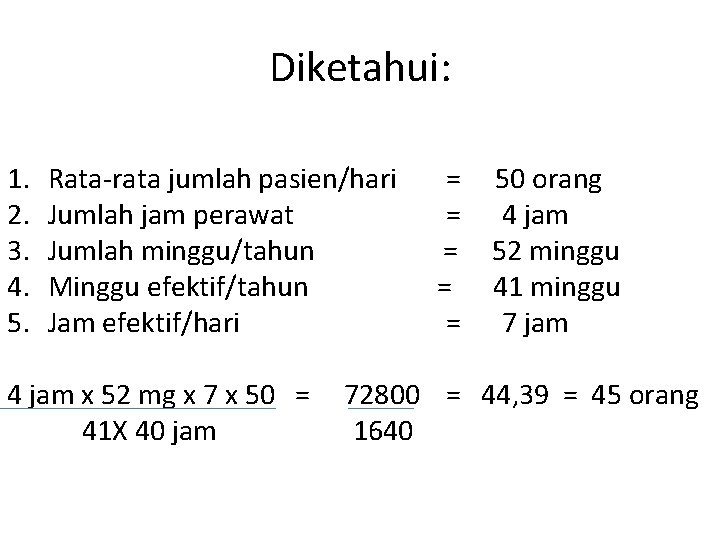 Diketahui: 1. Rata-rata jumlah pasien/hari = 50 orang 2. Jumlah jam perawat = 4