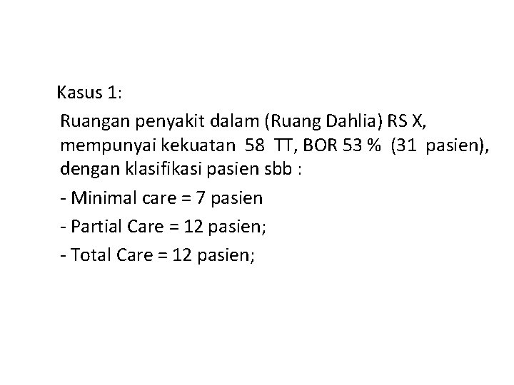  Kasus 1: Ruangan penyakit dalam (Ruang Dahlia) RS X, mempunyai kekuatan 58 TT,