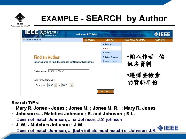 EXAMPLE - SEARCH by Author • 輸入作者 的 姓名資料 • 選擇要檢索 的資料年份 Search Ti.