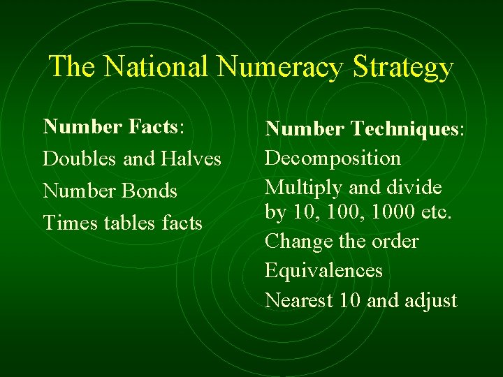 The National Numeracy Strategy Number Facts: Doubles and Halves Number Bonds Times tables facts