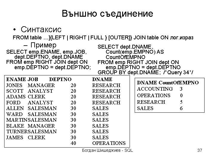 Външно съединение • Синтаксис FROM table …]{LEFT | RIGHT | FULL } [OUTER]} JOIN