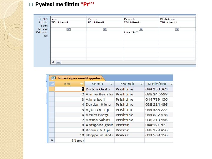 � Pyetesi me filtrim “Pr*” 