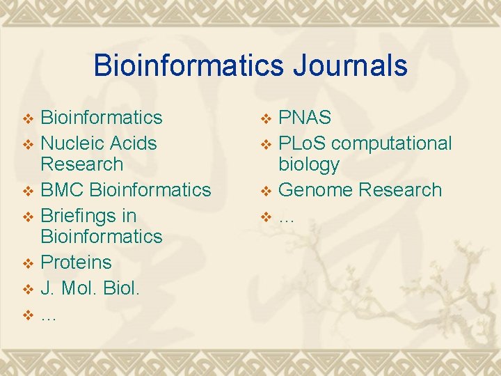 Bioinformatics Journals Bioinformatics v Nucleic Acids Research v BMC Bioinformatics v Briefings in Bioinformatics