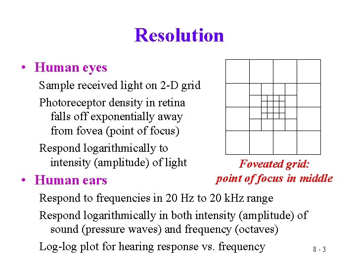 Resolution • Human eyes Sample received light on 2 -D grid Photoreceptor density in