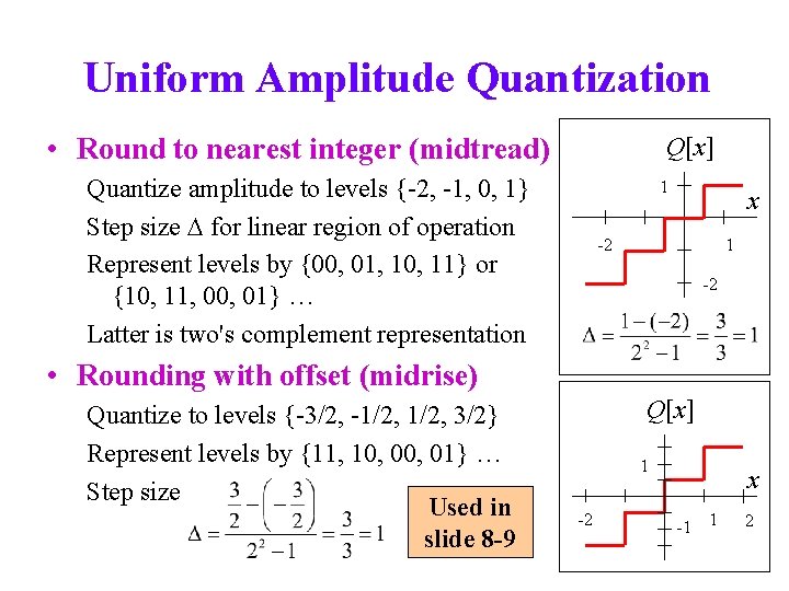 Uniform Amplitude Quantization • Round to nearest integer (midtread) Q[x] Quantize amplitude to levels