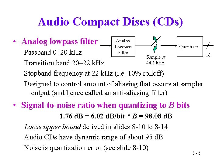 Audio Compact Discs (CDs) • Analog lowpass filter Analog Lowpass Filter Quantizer Passband 0–