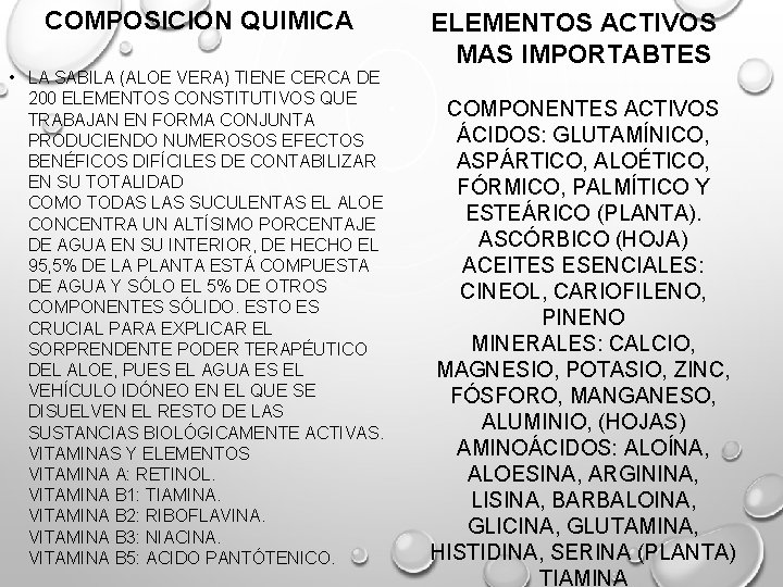 COMPOSICION QUIMICA • LA SABILA (ALOE VERA) TIENE CERCA DE 200 ELEMENTOS CONSTITUTIVOS QUE