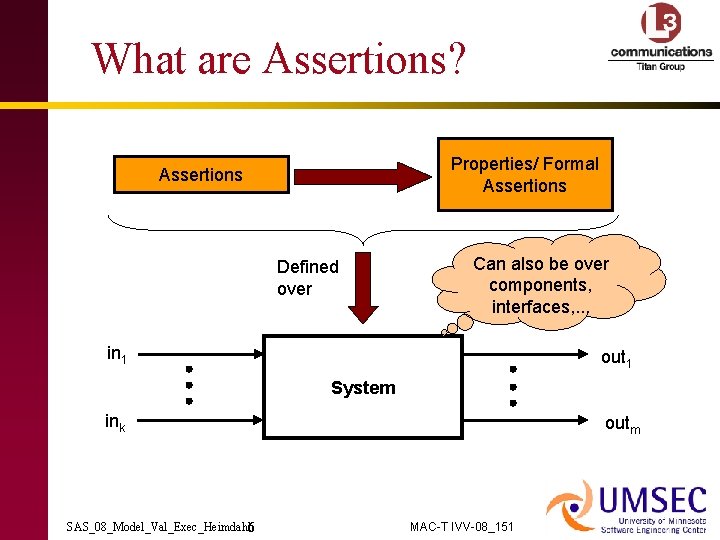 What are Assertions? Properties/ Formal Assertions Defined over Can also be over components, interfaces,