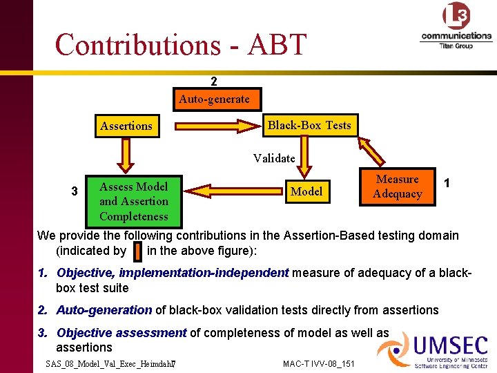 Contributions - ABT 2 Auto-generate Assertions Black-Box Tests Validate 3 Assess Model and Assertion