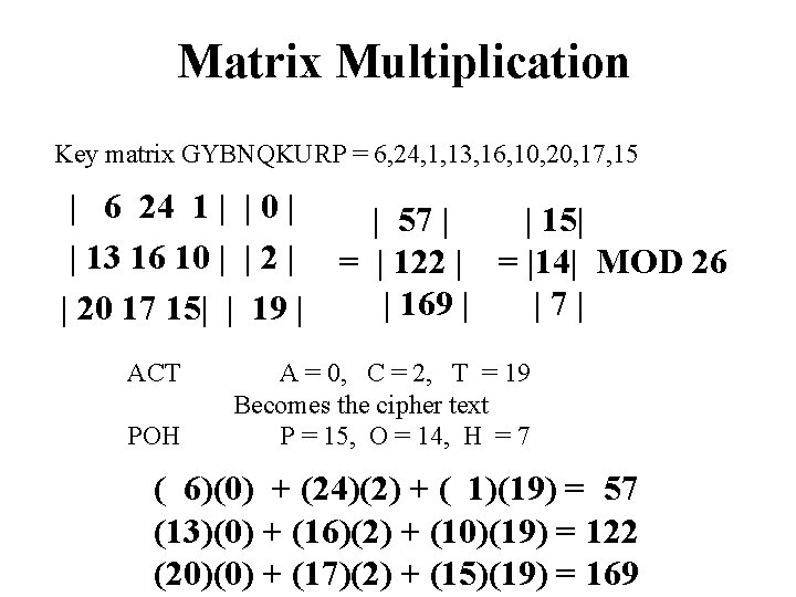 Matrix Multiplication Key matrix GYBNQKURP = 6, 24, 1, 13, 16, 10, 20, 17,