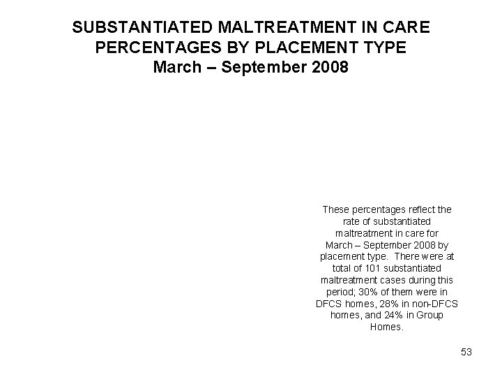 SUBSTANTIATED MALTREATMENT IN CARE PERCENTAGES BY PLACEMENT TYPE March – September 2008 These percentages