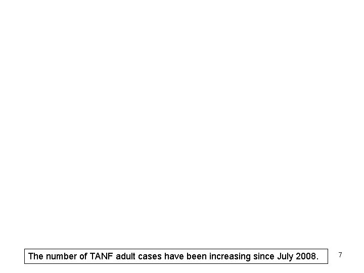 The number of TANF adult cases have been increasing since July 2008. 7 