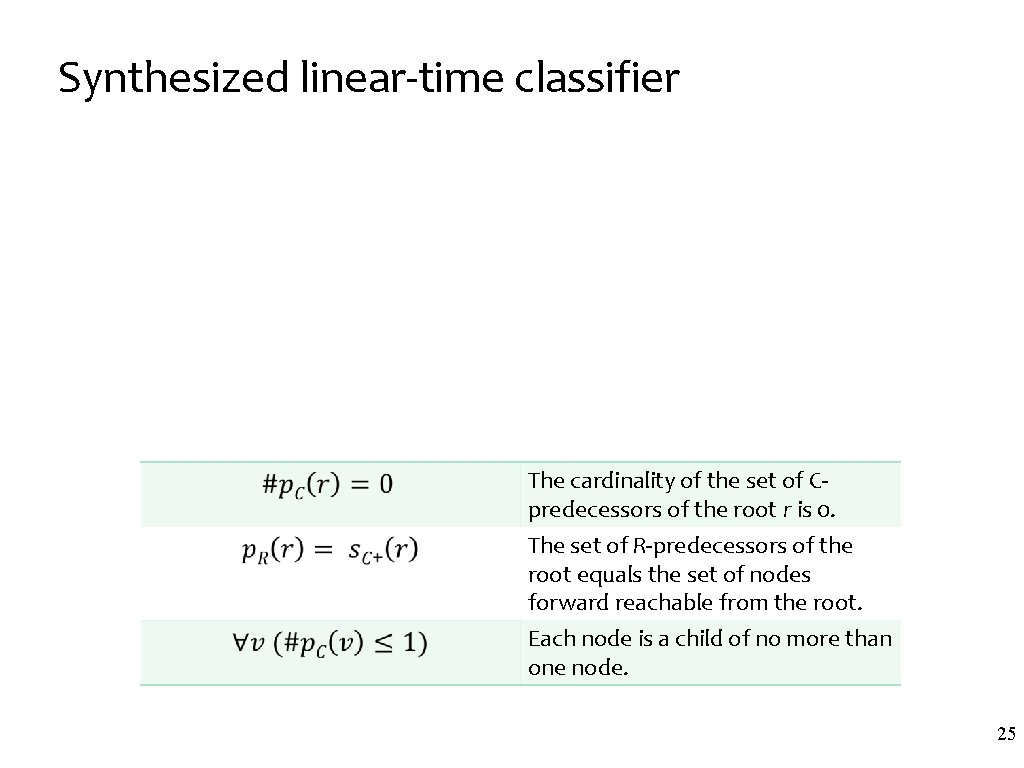 Synthesized linear-time classifier The cardinality of the set of Cpredecessors of the root r