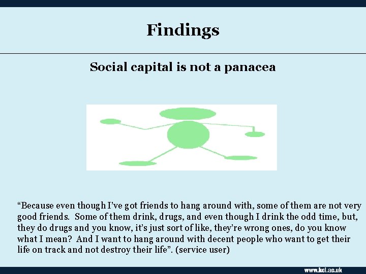 Findings Social capital is not a panacea “Because even though I’ve got friends to