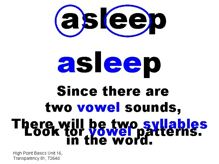 a sleep asleep Since there are two vowel sounds, There will be two syllables