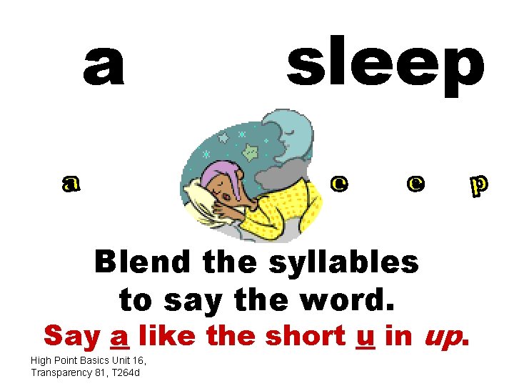 a sleep Blend the syllables to say the word. Say a like the short