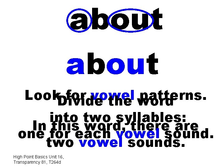 a bout about Look. Divide for vowel patterns. the word into two syllables: In