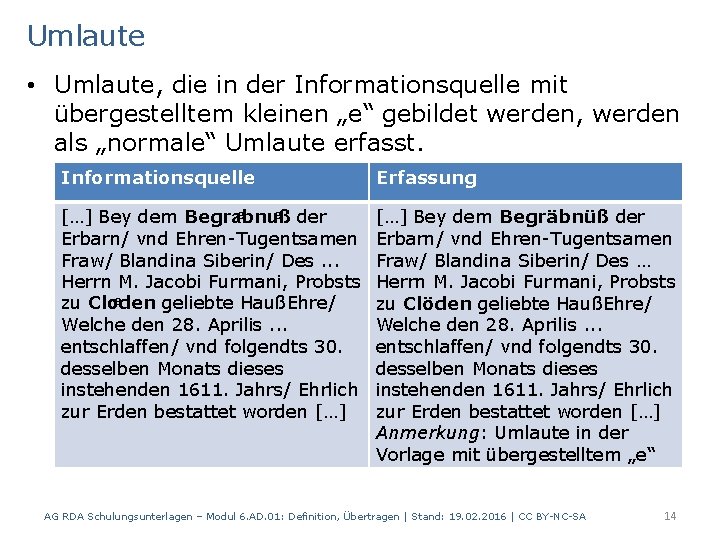 Umlaute • Umlaute, die in der Informationsquelle mit übergestelltem kleinen „e“ gebildet werden, werden