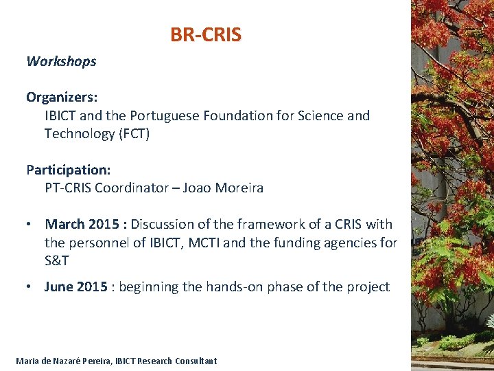 BR-CRIS Workshops Organizers: IBICT and the Portuguese Foundation for Science and Technology (FCT) Participation: