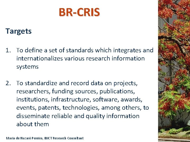 BR-CRIS Targets 1. To define a set of standards which integrates and internationalizes various