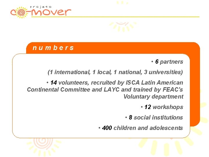 numbers • 6 partners (1 international, 1 local, 1 national, 3 universities) • 14