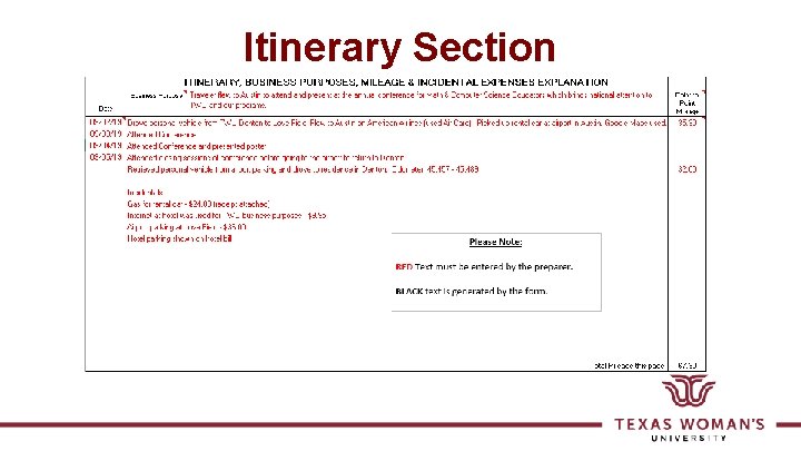 Itinerary Section 