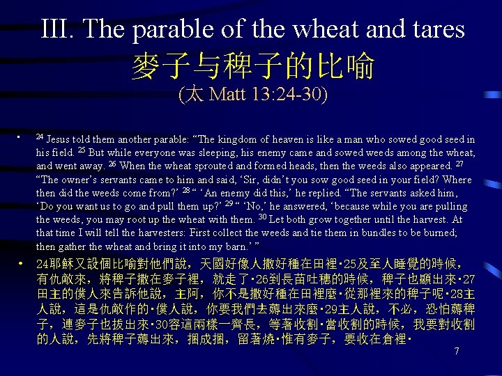 III. The parable of the wheat and tares 麥子与稗子的比喻 (太 Matt 13: 24 -30)