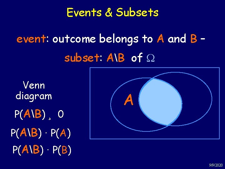 Events & Subsets event: outcome belongs to A and B – subset: AB of