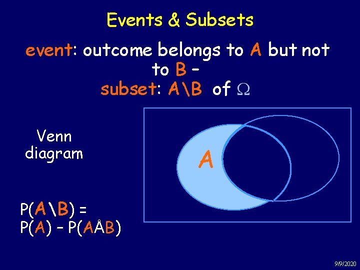 Events & Subsets event: outcome belongs to A but not to B – subset: