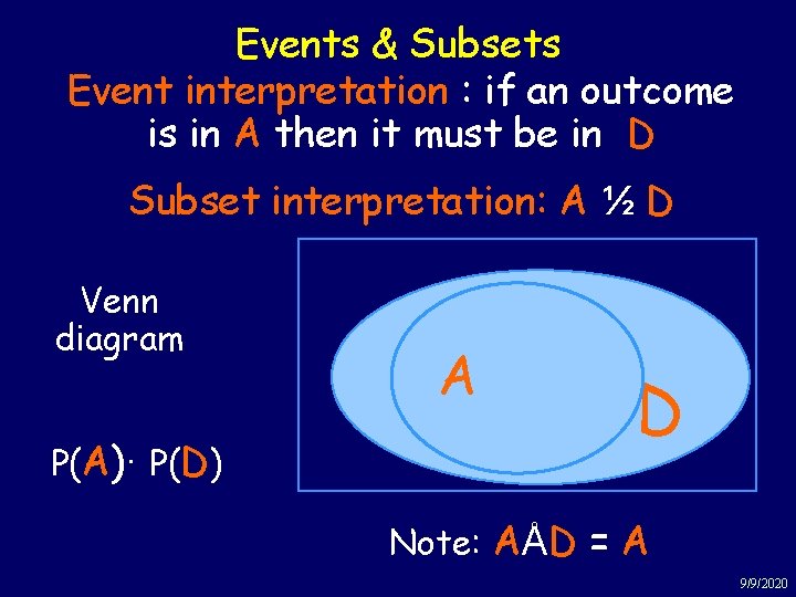 Events & Subsets Event interpretation : if an outcome is in A then it