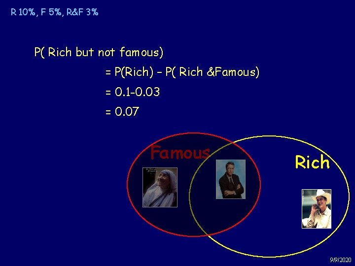 R 10%, F 5%, R&F 3% Example: Rich & Famous P( Rich but not