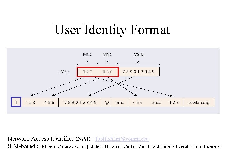 User Identity Format Network Access Identifier (NAI) : foolfish. lin@comm. ccu SIM-based : [Mobile