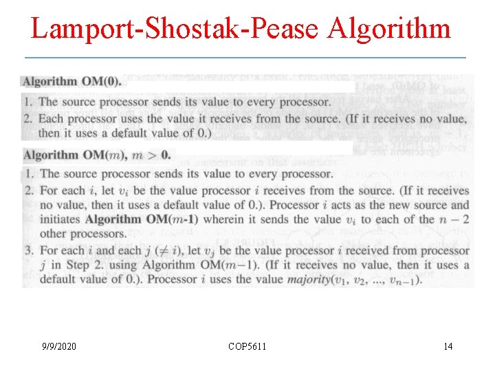 Lamport-Shostak-Pease Algorithm 9/9/2020 COP 5611 14 Lamport-Shostak-Pease Algorithm 9/9/2020 COP 5611 14