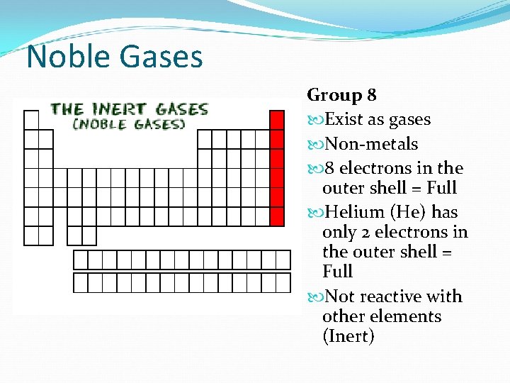 Noble Gases Group 8 Exist as gases Non-metals 8 electrons in the outer shell