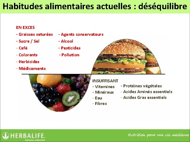 Habitudes alimentaires actuelles : déséquilibre EN EXCES - Graisses saturées - Sucre / Sel