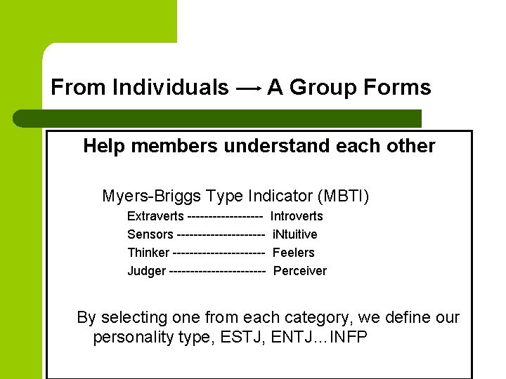 From Individuals A Group Forms Help members understand each other Myers-Briggs Type Indicator (MBTI)