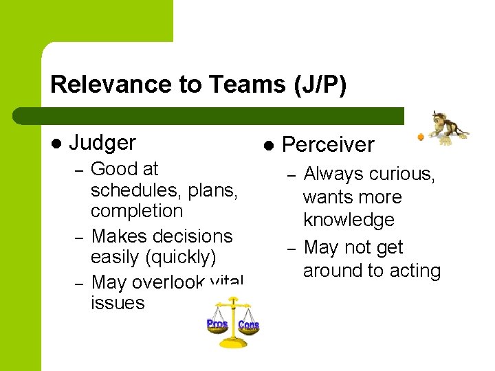 Relevance to Teams (J/P) l Judger – – – Good at schedules, plans, completion