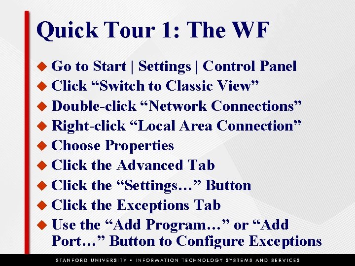 Quick Tour 1: The WF u Go to Start | Settings | Control Panel