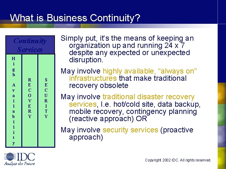 What is Business Continuity? Continuity Services H i g h A v a i