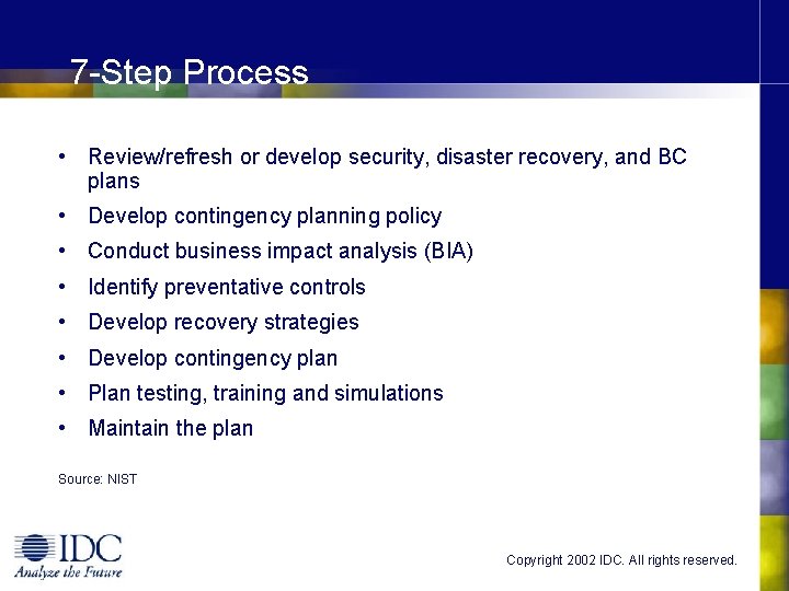 7 -Step Process • Review/refresh or develop security, disaster recovery, and BC plans •