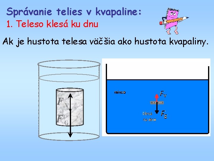 Správanie telies v kvapaline: 1. Teleso klesá ku dnu Ak je hustota telesa väčšia