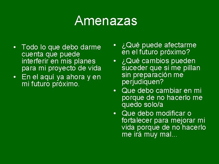 Amenazas • Todo lo que debo darme cuenta que puede interferir en mis planes