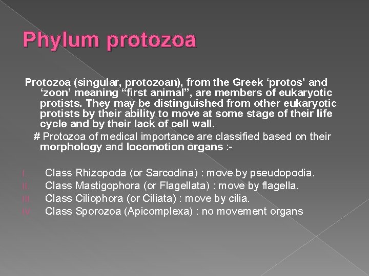 Phylum protozoa Protozoa (singular, protozoan), from the Greek ‘protos’ and ‘zoon’ meaning “first animal”,