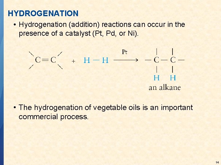HYDROGENATION • Hydrogenation (addition) reactions can occur in the presence of a catalyst (Pt,