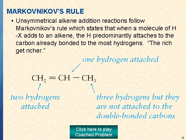MARKOVNIKOV’S RULE • Unsymmetrical alkene addition reactions follow Markovnikov’s rule which states that when