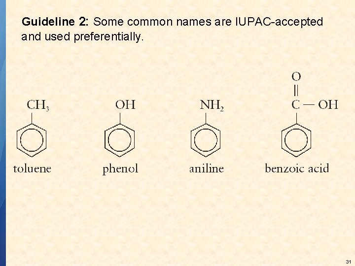 Guideline 2: Some common names are IUPAC-accepted and used preferentially. 31 