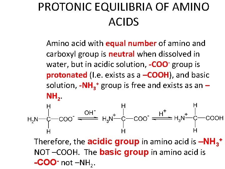 PROTONIC EQUILIBRIA OF AMINO ACIDS Amino acid with equal number of amino and carboxyl