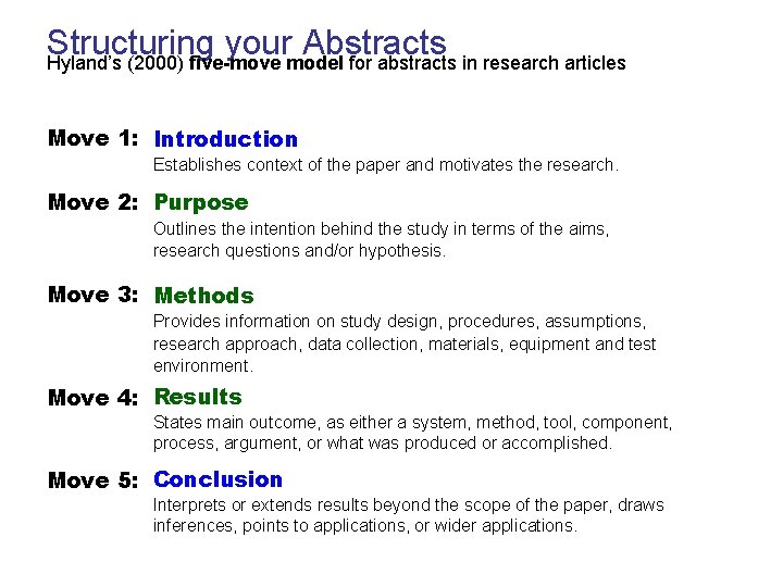 Structuring your Abstracts Hyland’s (2000) five-move model for abstracts in research articles Move 1: